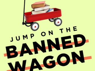 A light yellow-green background featuring a picture of red wagon full of books atop the words "Jump on the Banned Wagon - Banned Books Week 2024"