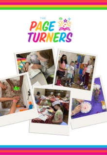 6 polaroids of the Page Turners kids book club, surmounted by the multicolored Page Turners logo. The top and bottom of the image feature rainbow stripes. 