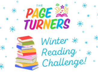 Blue snowflakes on a white background with a stack of colorful books and the text "The Page Turners Winter Reading Challenge!"