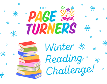 Blue snowflakes on a white background with a stack of colorful books and the text "The Page Turners Winter Reading Challenge!"